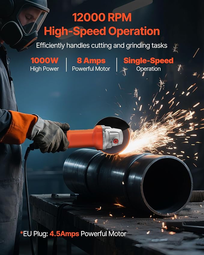 VEVOR Angle Grinder, 4-1/2" Electric Grinder Power Tool, 8Amps 12000RPM High-Speed Corded Angle Grinders with 230° Adjustable Dust Guard for Metal Grinding, Cutting, Rust Removal (Disc Not Included)