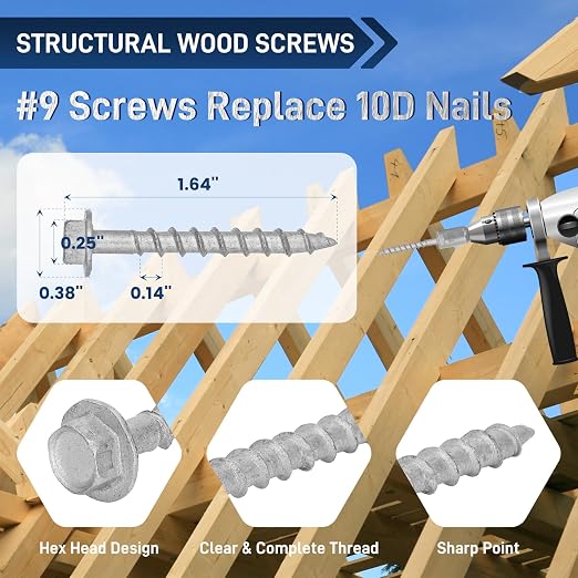 #9 x 1-1/2" Joist Hanger Screws, Silver / 0.370"-Dia Heavy‑Duty Deck Screw, Replace Simpson SD9112R1000 SD Connector Screws & 10DNails,1/4" Hex Socket Wood Screws,1000pcs