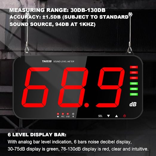 Decibel Meter Digital Sound Level Meter 30-130db Reader Large LCD Display Noise Meter Decibel Wall Mounted Hanging DB Tester with Alarm TA654B