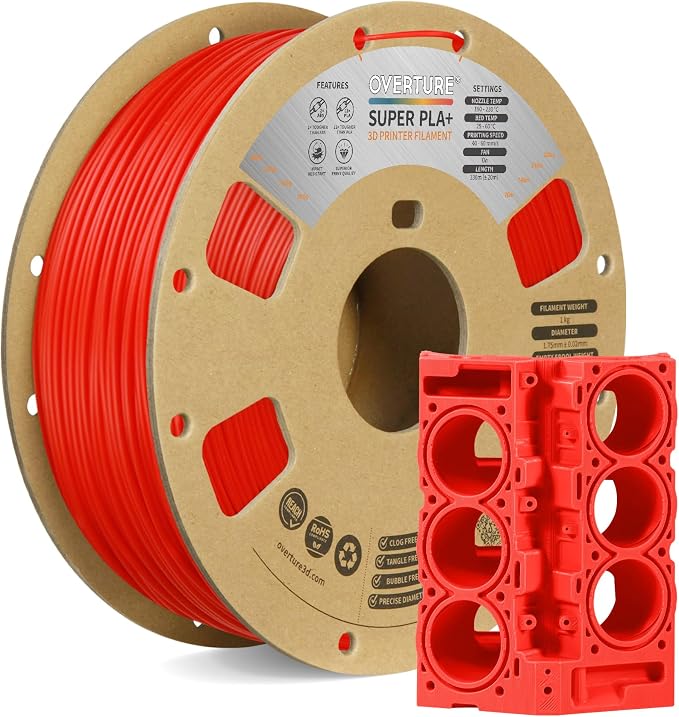 OVERTURE Super PLA+ Filament 1.75mm, Toughness Enhanced PLA Plus, Professional Toughness 3D Printer Filament 1kg (2.2lbs), High Precision +/- 0.02mm (Red)