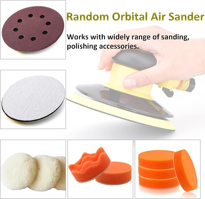 Professional Air Random Orbital Palm Sander, Dual Action Pneumatic Sander, Low Vibration, Heavy Duty … (6-inch Yellow)
