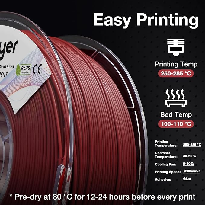 YXPOLYER Nylon Filament PA6 Red Easy PA 3D Printing Filament 1.75mm 1kg | Easy to Print, AMS Compatible Spool, Engineering-grade, Low Warp, FDM Printers, Pre-dried, High Speed Low Temp Printing