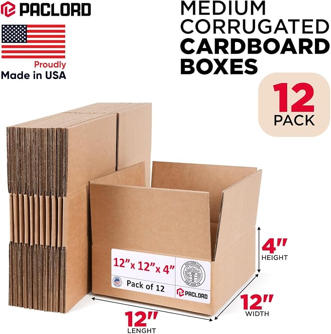 Medium Cardboard Boxes 12"L x 12"W x 4"H (Pack of 12) - USA-Made Packing Boxes for Moving, Shipping, or Storage - USPS, UPS, FedEx Approved - Professional Packing Supplies for Moving | USA-Made Packing Boxes for Moving, Shipping, or Storage - USPS, UPS...