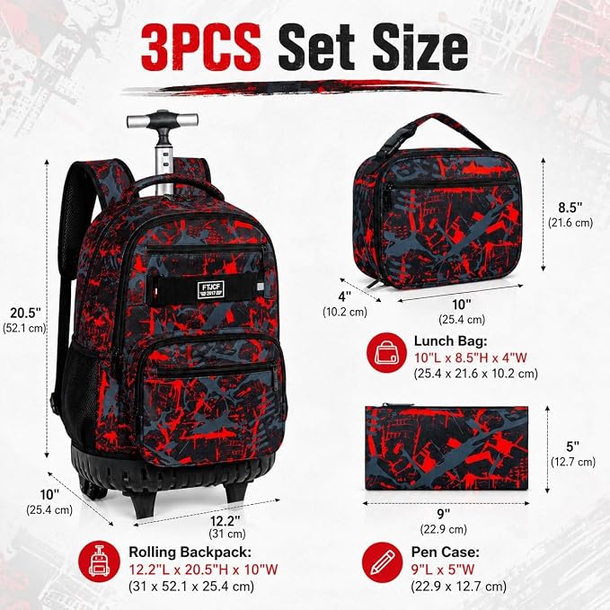 3Pcs Rolling Backpack for Boys Men, Travel Wheeled Backpacks for Adults, Teens College Roller Bookbag with Wheels for Men(Red)