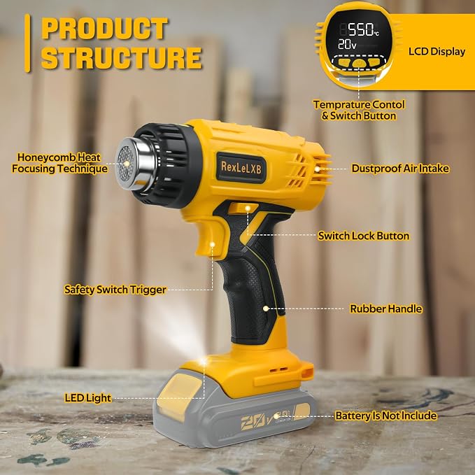 Cordless Heat Gun for DeWalt 20V Li-ion Battery, 350W Fast Heating Up to 1022℉ (550℃) Hot Air Gun Overload Protection with 4 Nozzle Attachments for Crafting, Shrink tubing, Shrink Wrap, Crafts
