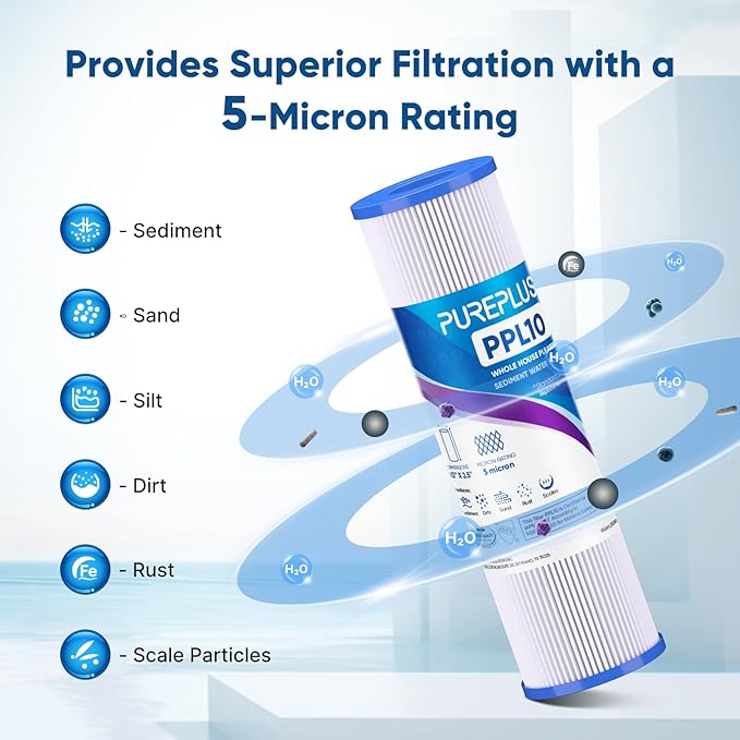 PUREPLUS 5 Micron 10"x2.5" Whole House Pleated Sediment Filter for Well Water, Replacement Cartridge for Universal 10 inch RO System, W50PE, WFPFC3002, SPC-25-1050, FM-50-975, 801-50, WB-50W, 6Pack