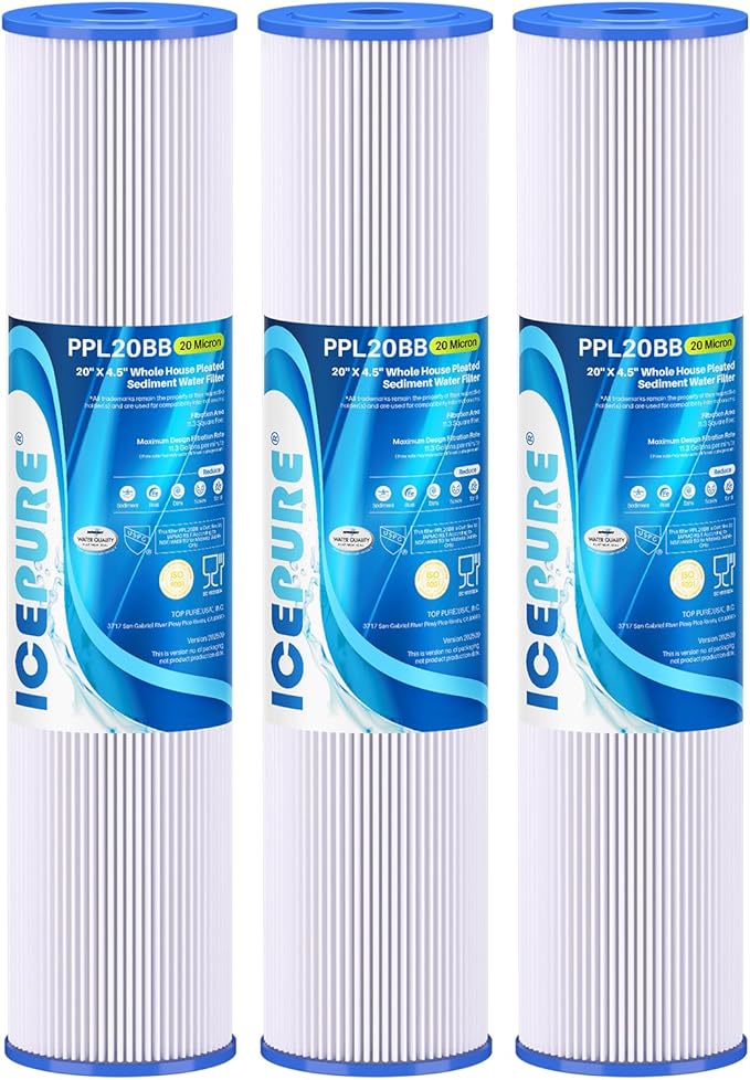 ICEPURE 20 Micron 20" x 4.5" Whole House Pleated Sediment Filter for Well Water, Remove Rust, Chlorine, Replacement Cartridge for ECP5-BB, AP810-2, HDC3001, SPC-45-1005 CP5-BB ECP1-20BB S1-20BB, 3PACK