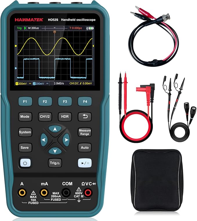 HANMATEK 3 in 1 Handheld Oscilloscope Multimeter with 2 Channels HO52S 3.5"TFT Oscilloscop, 50Mhz Waveform Generator Multimeter Backlit Screen, Auto-Calibration Function, Memory Function, Multi Tester