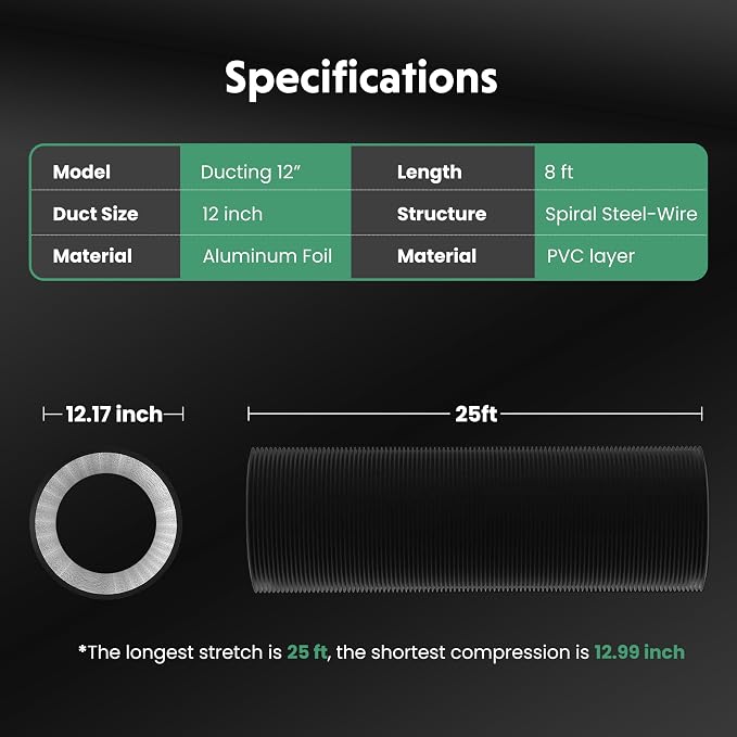 Flexible 12-Inch Aluminum Ducting, Dryer Vent Hose, Heavy-Duty Three-Layer Protection, 25-Feet Long for Heating Cooling Ventilation & Exhaust, Black