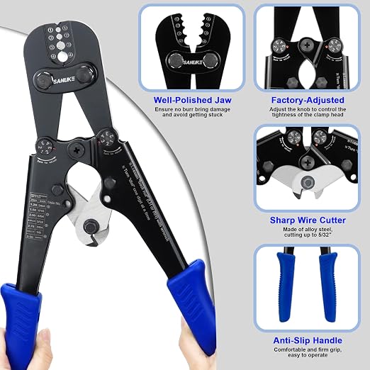 Sanuke Wire Rope Crimping Tool Kit, Crimping Loop Sleeves from 3/64-inch to 1/8-inch, with 390PCS Stainless Steel Wire Rope Cable Thimbles Aluminum Crimping Loop Sleeve