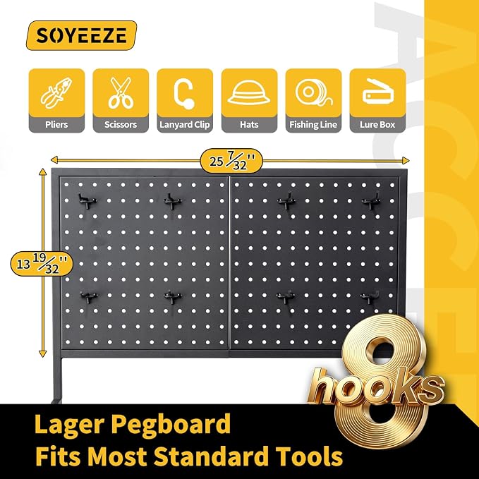 SOYEEZE Large Size Fishing Rod Holders for Garage, 3-Tier Fishing Pole Rack with Pegboard and Hooks, Fishing Gear Tackle Box Organizer Up to 12 Rods, Rolling Fishing Storage Cart with Lockable Wheels