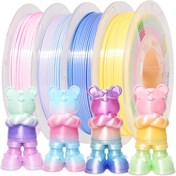 RAMBERY Silk Rainbow PLA 3D Printer Filament Bundle Shiny Multicolored Filament 1.75mm Fast Color Change 3D Printing Filament for Most 3D Printer, 4 Spools 250g Each (2.2lbs)