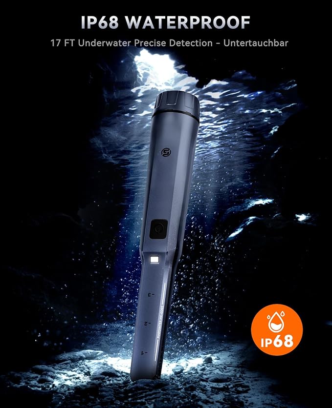 SUNPOW Metal Detector Pinpointer Rechargeable – 800mAh Battery for 15H Use – IP68 Fully Waterproof Handheld Wand – 360° Side-Scan Probe – Treasure Hunting Accessory for Adults & Kids – NXGD02