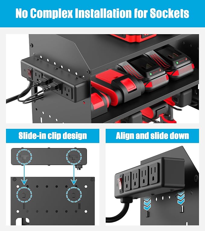 CCCEI Modular Power Tool Organizer Wall Mount with Charging, Black, 1 Pack | Drill & Battery Storage Rack with Peg Hooks, Garage Workshop, Gifts for Men, Husband, Anniversary, Birthday