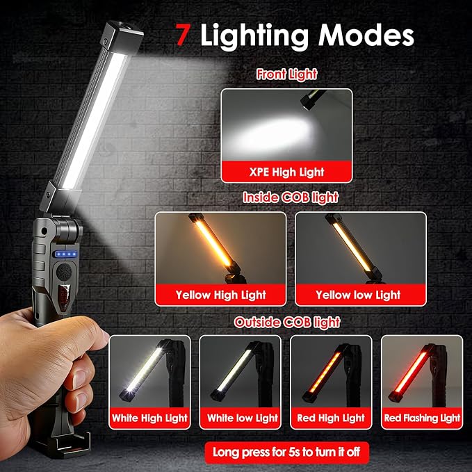 Led Work Light Magnetic, 7 Modes & 180°Rotate Rechargeable Led Work Light, Portable COB Flashlight with Strong Magnet, Mechanic Light for Car Repair, Camping, Emergency, Tool Gifts for Men Him (2)