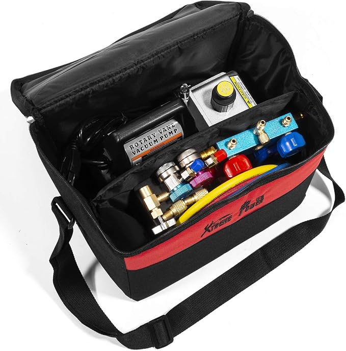 XtremepowerUS 4CFM Vacuum Pump R134a R22 R32 R410A A/C Manifold Gauge Can Tap Manifold Gauge with Leak Detector Carry Bag for HVAC Air Conditioning Refrigeration Recharging