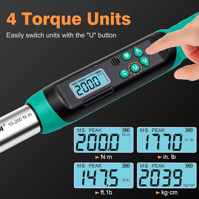 Digital Torque Wrench 1/2" Drive, 7.4–147.5 Ft-lbs / 10–200 N·m, ±2% Accuracy, Dual-Direction Ratchet, Electric Torque Wrench with Buzzer & LED Indicator for Bike, Motorcycle, Auto Repair