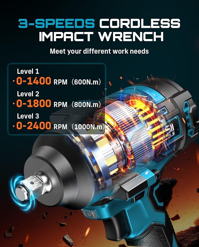 Seesii Impact Wrench & 46pcs Socket Wrench Set, 1000N.m (738 Ft-Lbs) Cordless Impact Driver, 1/2" Impact Gun With 21v 2x4.0Ah Battery, Auto/Motorcycle Tool Kit, Wh10 Ultra