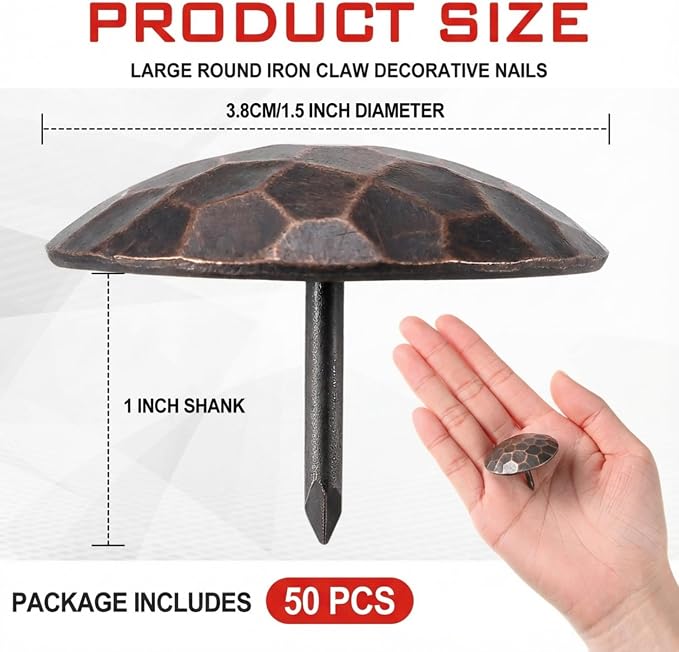 50 Pcs 1.5 Inch Large Iron Clavos Decorative Nails Iron Antique Clavos Fasteners Ornamental Rustic Accent for Wood Doors, Shutters, Faux Wood Beams, Gates and Furniture (Brown)