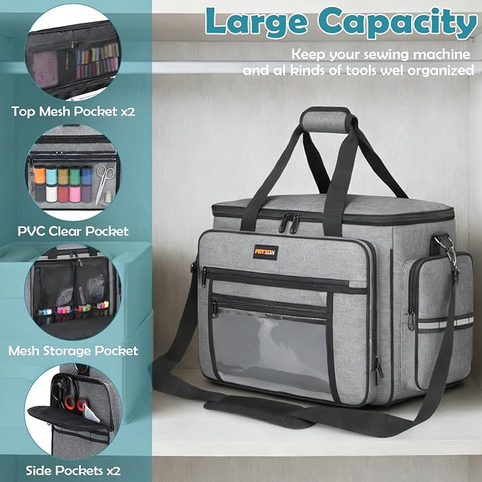 Sewing Machine Case with Wheels - Detachable Rolling Sewing Machine Case Fits Most Standard Sewing Machines And Storage Sewing Accessories, For Singer, Brother, Janome, Grey