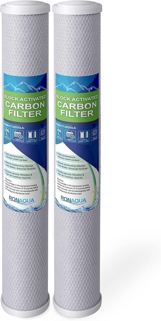 Standard Whole House Coconut Shell Carbon Block 5 Micron Water Filter 20” x 2.5” Fits 20” x 2.5” Housings. Remove Chlorine and Bad Odor. Compatible with C1-20, HX-CB-25-2010, F3WCB32 Pack of 2