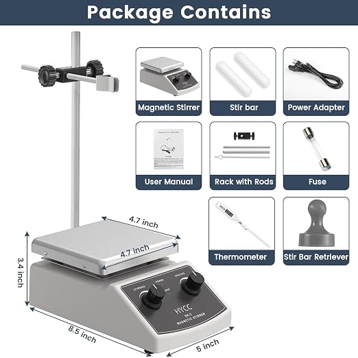 HYCC Magnetic Stirrer Hot Plate Max 520℉, 100-2000RPM Hot Plate with Magnetic Stirrer, 2000mL Magnetic Hotplate Stirrer, Magnetic Stirrer w/Thermometer, Magnetic Stir Bar, Stir Bar Retriever