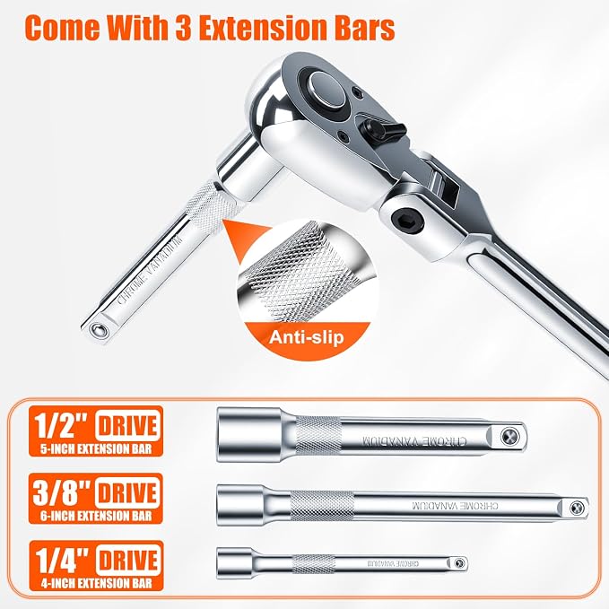 Matework 7Pcs Flex Head Ratchet Set, 1/4”, 3/8” and 1/2” Drive Swivel Ratchet Wrench with 180° Flex Head, 90 Tooth, Quick-Release, Extra Long Handle Ratchet with Extension Bar and EVA Foam, CR-V Steel