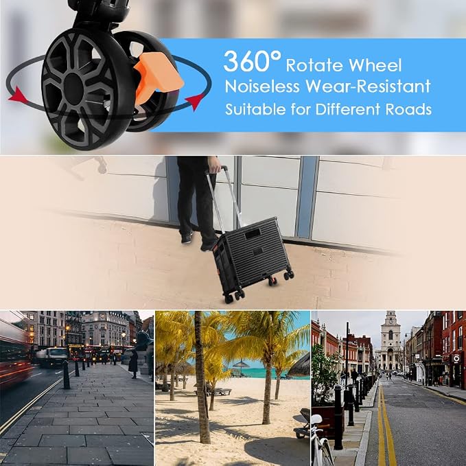 Foldable Utility Cart Portable Collapsible Crate Rolling Carts with Wheels Rolling Tote Basket Teacher Cart with Lid Wear-Resistant 360°Rotate Wheel Noiseless for Shopping Storage Office Use