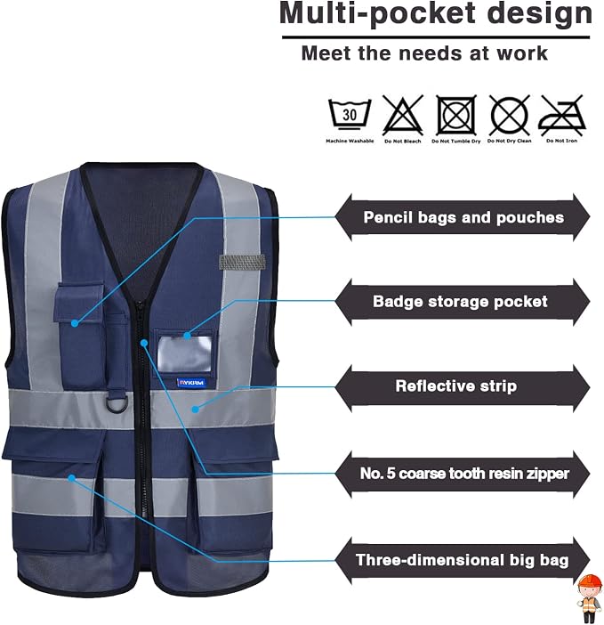 A-SAFETY navy blue high visible vest | Navy XL safety vest with 7 pockets, black front zipper and reflective strips for site management and safety supervision.