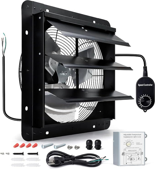 14 Inch Wall Mounted Shutter Exhaust Fan with Thermostat and Speed Controller for Attic, Greenhouse, Shed, Garage, Chicken Coop, Shop, Barn Ventilation, 1088 CFM High Power Louvered Vent Fan
