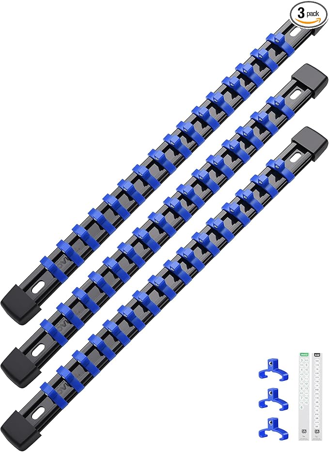 ALOANES 3PC ABS Socket Organizer, Socket Rails Fit 1/4 inch Drive | Portable Heavy Duty Socket Holders Hold up 48 Sockets for Toolbox Drawer Bags(Blue)