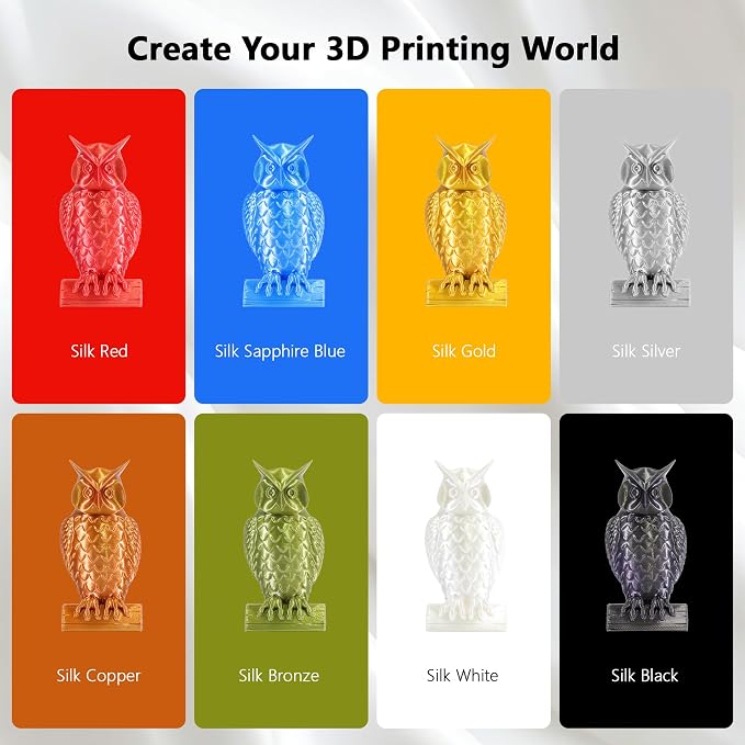 1.75mm Silk PLA 3D Printer Filament Bundle, 8 Silk Shiny Colors: Gold/Silver/Copper/Bronze/Black/White/Red/Blue, Each Spool 250g, 8 Spools, Total 2Kg 3D Printing Material, 250g x 8 Spools