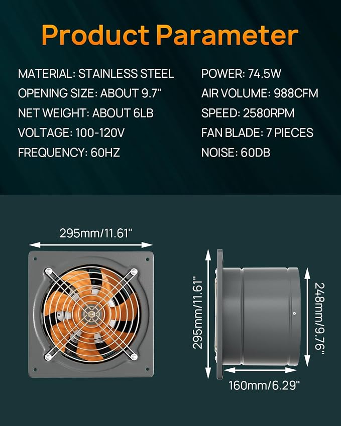 HG Power 10 Inch Exhaust Fan 988 CFM Kitchen Exhaust Fan Wall Mount with Backdraft Damper, Metal Plug In, Extractor Exhaust Ventilation Fan for Attic, Basements, Ceiling, Shop, Greenhouse