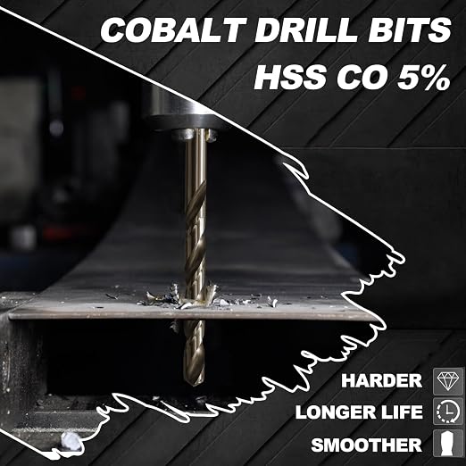 3/8 Cobalt Drill Bit for Metal and Hard Steel(5Pcs),M35 High Speed Steel Twist Jobber Metal Drill Bits,with Index Storage Case