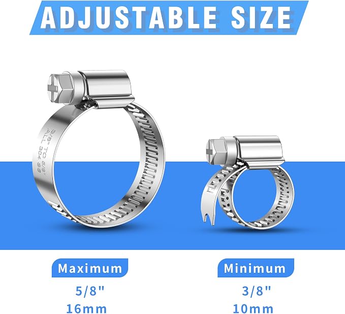 12PCS Stainless Steel Hose Clamps, Adjustable Worm Gear Clamp, 3/8" to 5/8"(10-16mm), Rolled Edge No Perforations, Heavy Duty Reusable Pipe Clamp for Home, Auto, Piping, Marine, Industrial