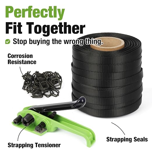 U.S. Solid Manual Banding Strapping Kit, 3/4" x 985' Woven Cord Strapping with Heavy Duty Tensioner & 200pcs Phosphated Metal Buckles, All-in-One Pallet Packaging Tool for Crating, Lumber & Cargo