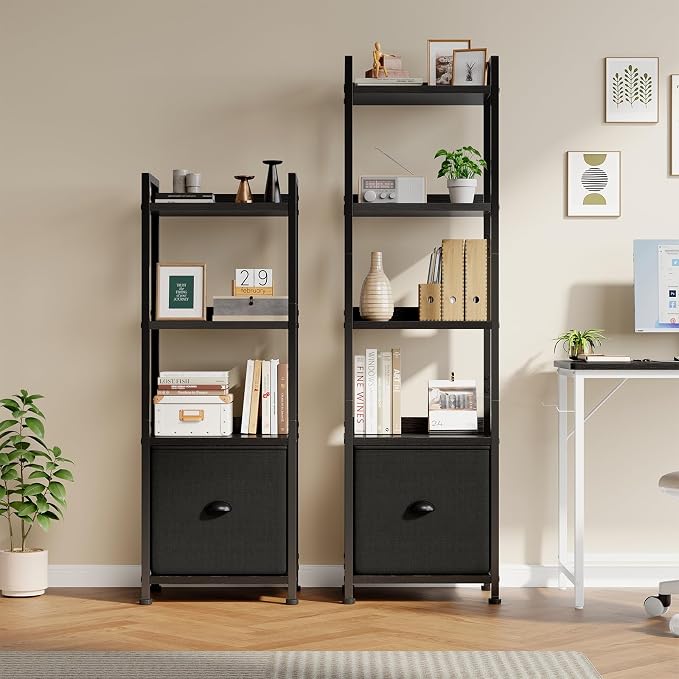 DUMOS 4 Tier Bookshelf with Fabric Drawer, Industrial Bookcase, Narrow Display Standing Shelf, Wood and Metal Storage Shelf Organizer in Bedroom, Living Room, Black