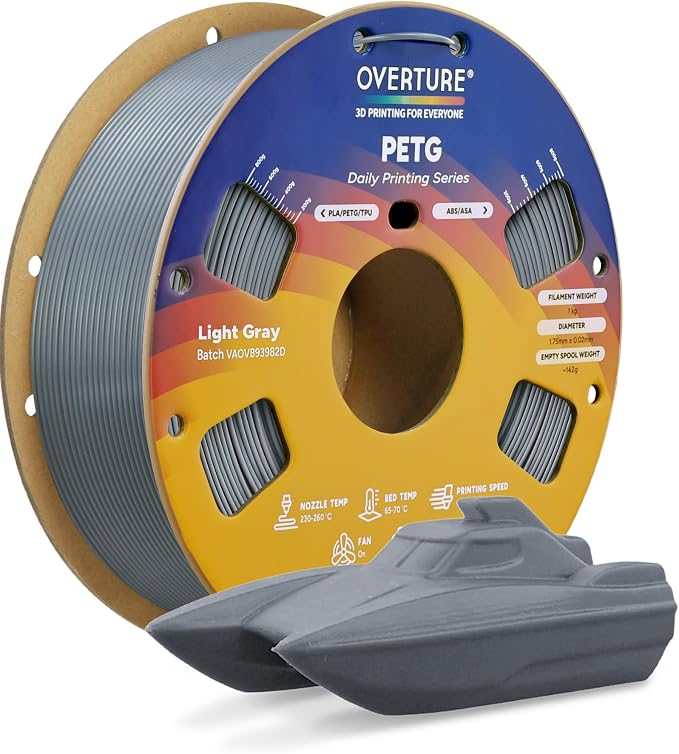 OVERTURE PETG Filament 1.75mm, High Speed 3D Printer Filament, Neatly Wound & Clog-Free, 1kg Spool (2.2lbs) Rapid PETG, Dimensional Accuracy +/- 0.02mm, Fit Most FDM Printers (Light Grey)