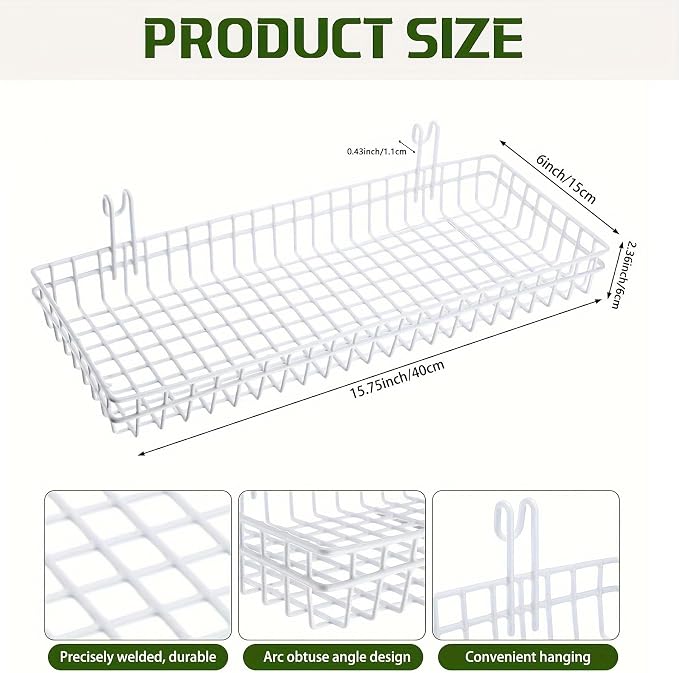 4 Pack 15.75 x 6 x 2.36 Inch Metal Grid Wall Baskets with Hooks, Hanging Wire Grid Basket, Multi-Function Wall Mounted Organizer for Kitchen Organizing Display, White