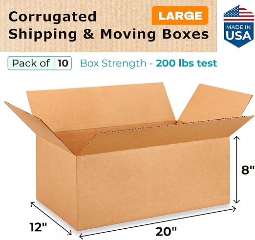 Large Shipping & Moving Boxes 20x12x8 inches (10-Pack) - Extra Strength 200 lb vs Regular - USA-Made Corrugated Cardboard Boxes for USPS/UPS - Moving Box Large - Packing Box by IDL Packaging
