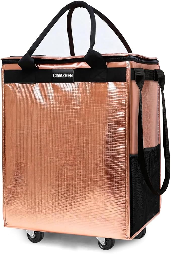 (Medium,Rose Gold) Reusable Grocery Bag on 4 Wheels, 70L Foldable Rolling Tote Bag with 3 Handles and Zipper, Rolling Shopping Cart for Groceries, Storage, Laundry, Travel, Organizer, 76lb
