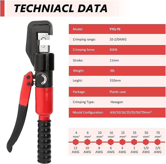 Hydraulic Crimping Tool 45KN Battery Cable Crimper Tool with 8 Dies | Heat-Treated Steel Construction Ergonomic Non-Slip Handle for Electricity, Communication, Traffic Applications