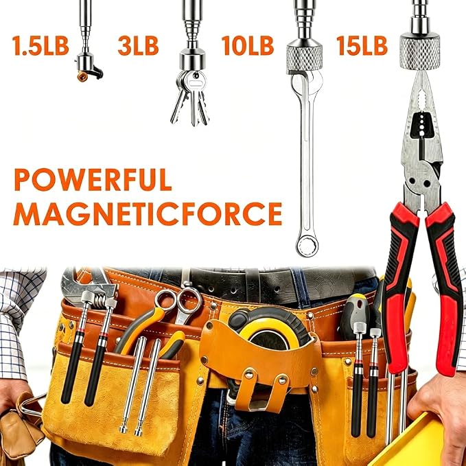 8Pcs Telescoping Magnetic Pickup Tool 1.5LB 3LB 10LB 15LB Extendable Magnet Stick Set Grabber Tools Stainless Steel Portable Bolt Screws Reacher Magnetic Nail Picker for Men Husband Birthday Christmas