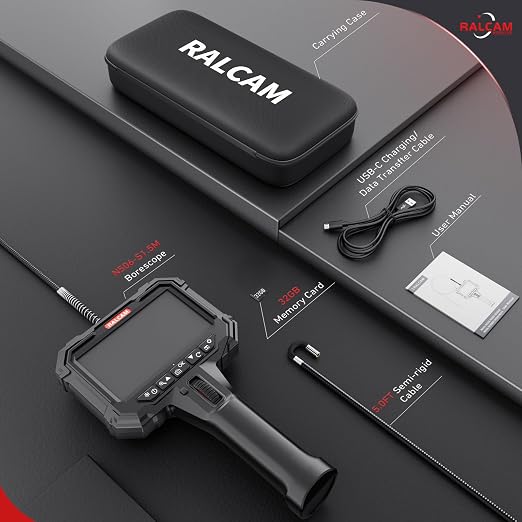 RALCAM Two-Way Articulating Borescope, 5" Industrial Endoscope Camera with Light, 0.24in/6.2mm Slim Probe, 5FT Semi-Rigid Video Inspection for Automotive Engine, HVAC, Mechanical, Wall
