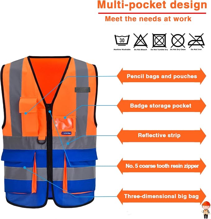 A-SAFETY Hi-Vis Reflective Vest with Multi-Color, Zipper, Orange/Blue, 2XL | Orange/Blue 2XL safety vest with 7 pockets, front zipper and reflective strips for port operations and heavy equipment.