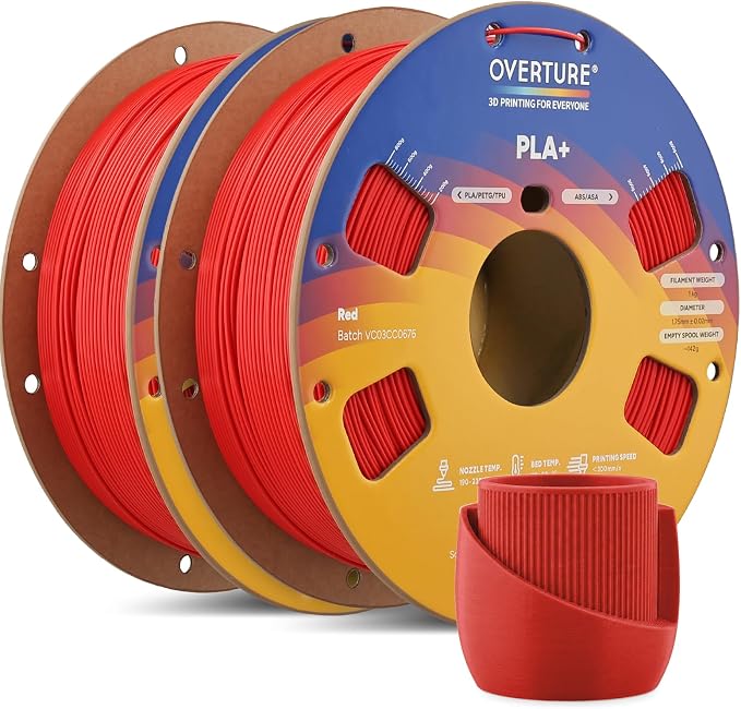 OVERTURE 2KG Bundle High Speed PLA+ 3D Printer Filament 1.75mm, Upgraded Rapid PLA 2.0 with Enhanced Toughness & Stability, 2 Pack 1kg Spool (2.2lbs) Fit Most FDM 3D Printers (Red*2)