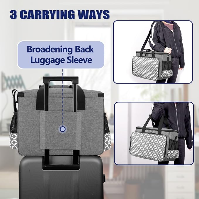 Yarwo Sewing Machine Carrying Case with Thicken Bottom Board, Universal Sewing Machine Tote Compatible with Most Standard Sewing Machine and Accessories, Gray with Grid