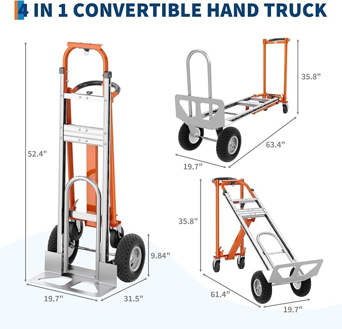 4 in 1 Convertible Hand Truck, Aluminum Hand Trucks 1000 Lb Capacity, Convertible Hand Truck with Wheels, Elastic Straps, Hands Dolly Heavy Duty for Home, Warehouse, Supermarket, Office