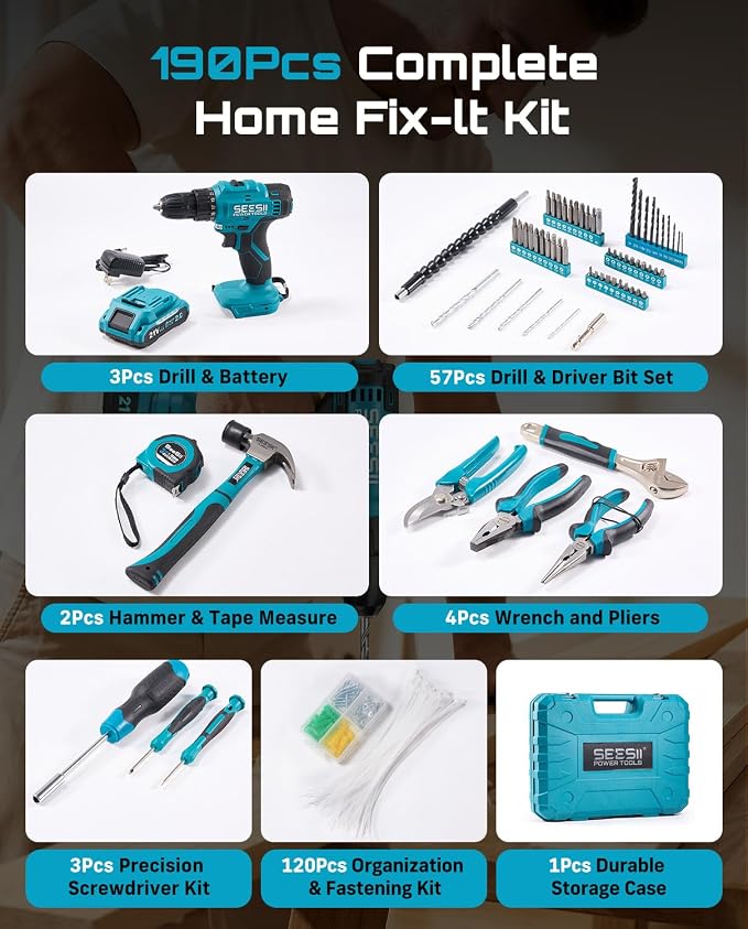 Seesii 21V Cordless Drill Tool Kit - 190Pcs Power Tool Combo Set, Hand Tool Kit with Toolbox, Electric Drill Driver for Home Hand Repair DIY