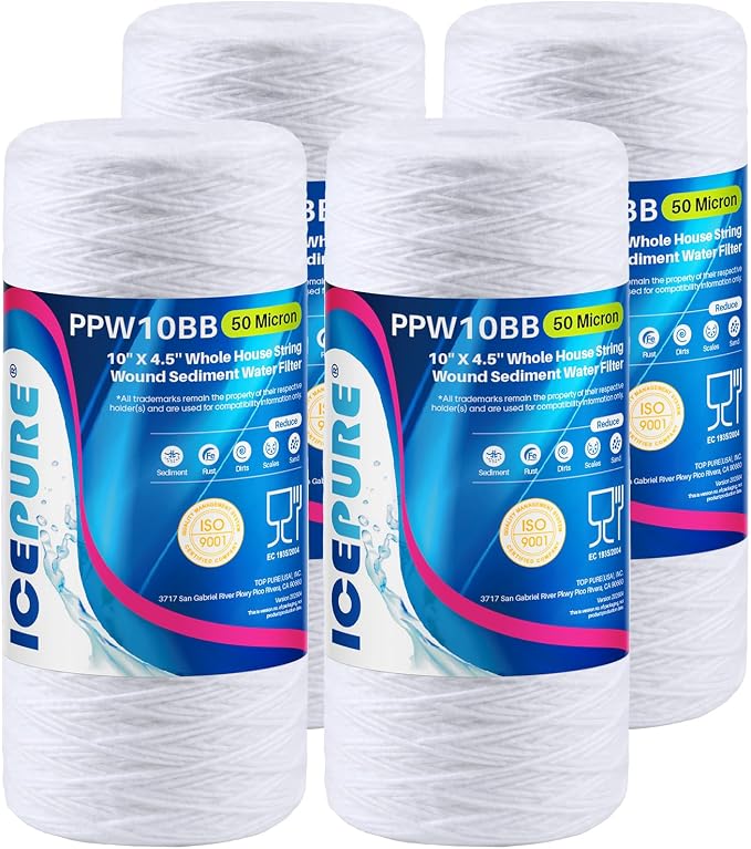 ICEPURE 50 Micron 10”*4.5'' Whole House Sediment String Wound Water Filter Replacement filter for 84637, WPX5BB97P, PC10, 355214-45, 355215-45, WP10BB97P, WP5BB97P, 4 PACK